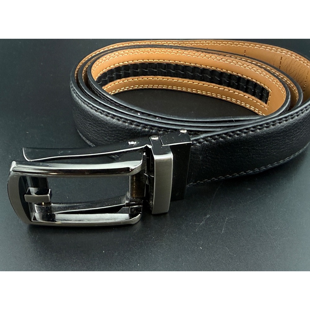 Comfort Click Mens Black Leather Ratchet Belt Gunmetal Buckle Adjustable 45 inch